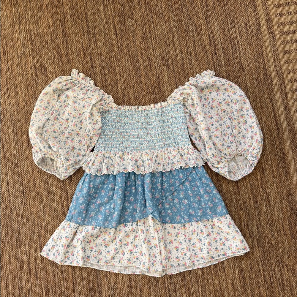 LoveShackFancy Blue and Cream Floral Mini Dress